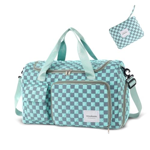 WOOMADA Foldable Travel Duffel Bag with Shoes Compartment, Overnight Bag with Wet Pocket & Trolley Sleeve, Weekender Bags for Women (turquoise checkerboard) - Image 1