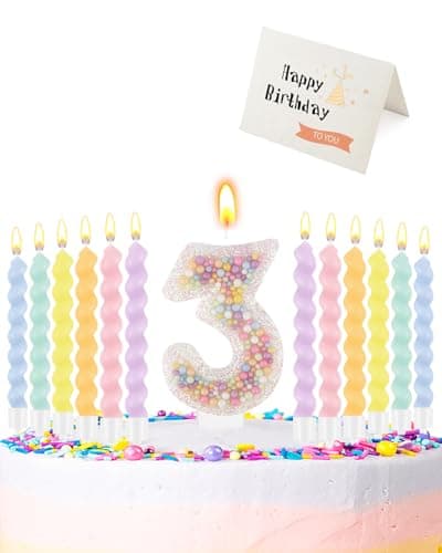 Birthday Candles for Cake, Pink Number Candles, Cake Candles with Greeting Card for Birthday Party Wedding Anniversary Celebrations(3 Candle,White Number Macaron) - Image 1
