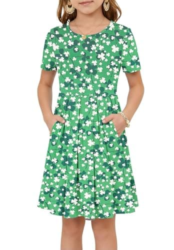 Girls Summer Short Sleeve Dress Kids Casual Crew Neck Pleated Loose A Line Swing Knee Length Cute Dress with Pockets Green Wihte Flower XL