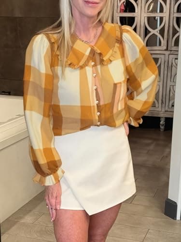 Tankaneo Womens Peter Pan Collar Button Down Shirts Long Sleeve Plaid Blouse Dressy Casual Fall Tops Yellow - Thumbnail 6