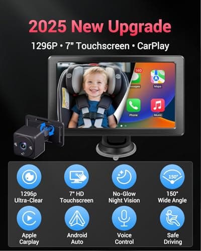 Faninso Baby Car Camera, 1296P HD Car Baby Monitor with 7" Touchscreen, CarPlay, No‑Glow Night Vision, 150° Wide Angle, Live Rear‑Seat View, Easy Installation, Alternative to Rear Facing Mirrors - Thumbnail 2