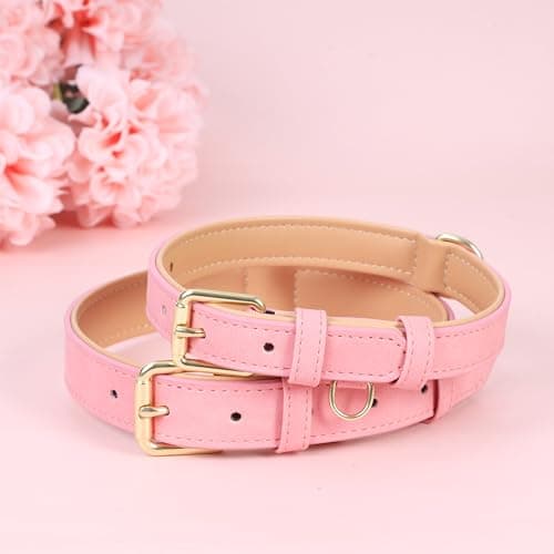 Jumpress Leather Dog Collar for Small Medium Large Dogs, Soft Padded Dog Leather Collar with Heavy Duty Gold Buckle, Durable & Comfortable for Medium Dogs Daily Walking (Pink, M) - Thumbnail 4