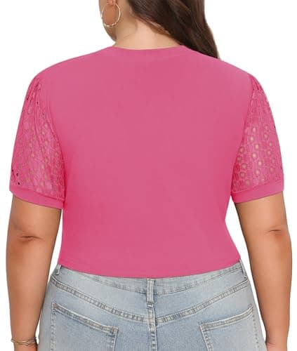 Lastshe Women Plus Size Workout Tops Activewear Crop Tshirts Lace Short Sleeve Exercise Tees,Hot Pink,4X - Thumbnail 5