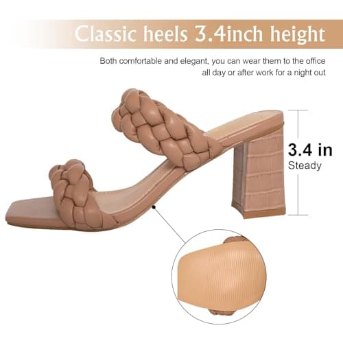 Athlefit Women's Braided Heeled Sandals Fashion Square Open Toe Comfortable Slip on Block Nude Heels Size 9.5 - Thumbnail 4