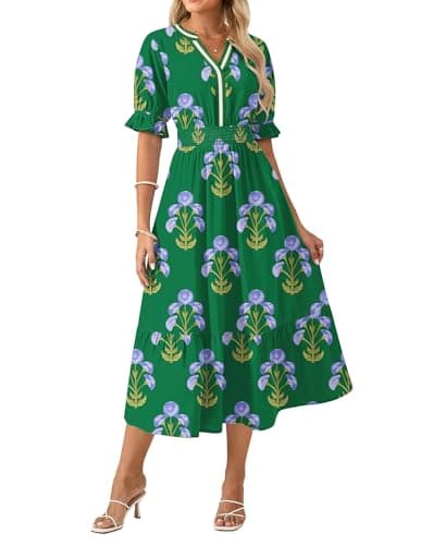 GRACE KARIN Womens Summer Floral Maxi Dress 2026 Casual Ruffle Short Sleeve Boho Dress A Line Flowy Dresses with Pockets Green Blue Flower XL - Image 1