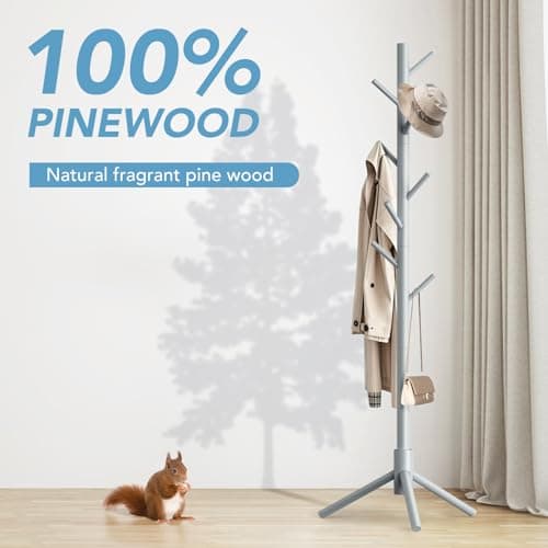 OUTGAVA Wooden Coat Rack Freestanding with 8 Hooks,Easy Assembly New Zealand Pine Tree Coat Racks, 3 Adjustable Sizes for Clothes, Hats, Bags, for Entryway, Hallway, Bedroom, Office (Grey, 1 PC) - Thumbnail 4