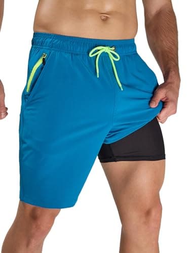 Arcweg Men's Swim Trunks with Compression Liner and Zipper Pockets Quick Dry Bathing Suit Board Swimming Shorts Medium Peacock Blue - Image 1
