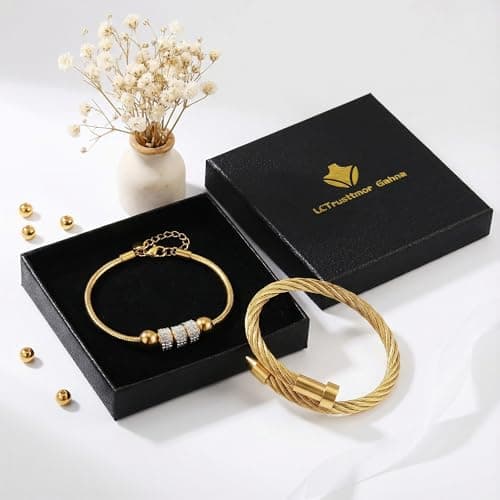 LCTrusttmor Gahna 18K Gold Plated Bangle Bracelet for Women, Non-Tarnish Stackable Nail Bracelets Set, Dainty Adjustable Cubic Zirconia Snake Chain With Beaded, Trendy Jewelry Mother's Day Birthday Gifts for Lover Mom Her - Thumbnail 6