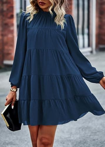 KIRUNDO Long Sleeve Baby Doll Dresses Women 2026 Casual Spring Summer Ruffle Mock Neck Tiered Mini Flowy Swing Shift Dress(Lake Blue, Small) - Thumbnail 4