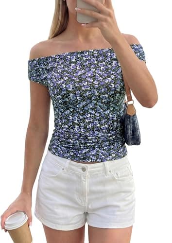 PRETTYGARDEN Womens Off The Shoulder Tops 2026 Summer Y2K Clothes Going Out Shirts Ruched Tank Top Date Night Outfits (Floral Black Purple,Medium) - Image 1