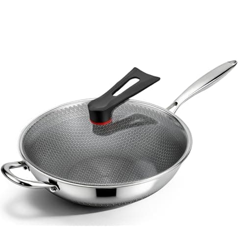Boryenty 12 Inch Stainless Steel Honeycomb Wok with Standing Lid, Flat Bottom Stir Fry Pan, PFOA-Free Physical Nonstick, Induction Compatible & Dishwasher Safe Wok - Image 1
