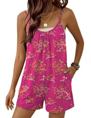 Ekouaer Sleeveless Rompers for Women Summer Casual Spaghetti Strap Shorts Overalls Jumpsuits Beach Outfits With Pockets Rose Pink Floral Small - Image 1