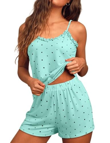 JUSTFASHIONNOW Womens Pajama Sets Shorts Cute Tank Top Shorts Set Ruffle Polka Dots Pj 2 Piece Summer V Neck Pajama Soft Lingerie Sleepwear (Green,Medium) - Image 1