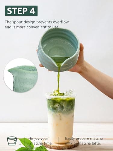 Sisher Matcha Whisk set,Matcha Bowl with Spout，Cute Matcha Set(5pcs)Matcha Bowl , Bamboo Whisk, Matcha Scoop, Matcha Whisk Holder (Chasen Holder), Stainless Steel Sifter, Matcha Making Kit(Green) - Thumbnail 5