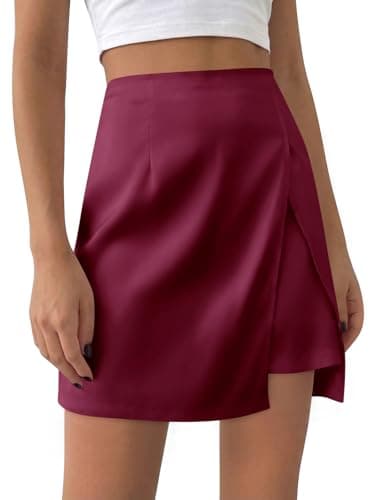 Cicy Bell Womens Satin Mini Skirt Casual High Waisted Side Slit A-line Work Skirts with Shorts Burgundy - Image 1