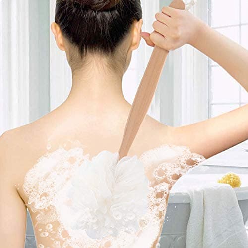 RASDDER White Loofah with Handle - Back Scrubber for Shower, Exfoliating Body Sponge with Soft PE Mesh and Wood Stick, Clean Look Bath Accessory for Men and Women - Thumbnail 3