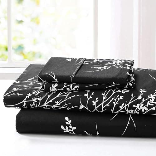 Spirit Linen home Full Size Sheets Set - Pure Microfiber 4 Piece Polyester Bed Sheets, Fitted Sheet & Pillow Cases - Full Sheets for All Seasons (Foliage Black/White, Full)