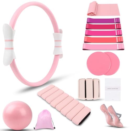 16 PCS Pink Pilates Ring and Ball Set for Women with 15" Magic Circle, Home Pilates Equipment Kit with Adjustable 1LB Ankle Wrist Weight, Resistance Band, Gliding Discs, Pilates Essentials Accessories - Image 1