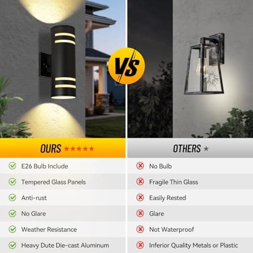 Tesjaso Modern Outdoor Wall Sconce with Dusk to Dawn Sensor, Up Down Exterior Light Fixture, Waterproof Outdoor Light Fixtures Wall Mount for Porch, Garage, Patio - E26 Base, Black Aluminum - Thumbnail 5