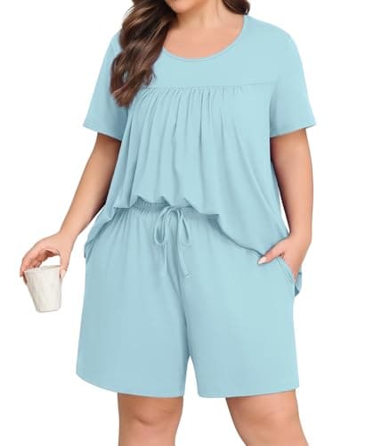 Lastshe Women Plus Size Pajama Set Summer Short Sleeve Shorts Ladies Pjs 2 Piece Printed Lounge Set with Pockets Sleepwear,Light Blue-4X - Image 1
