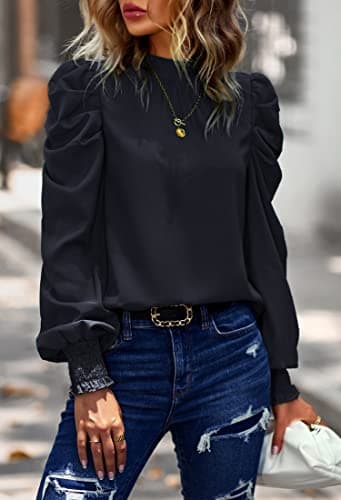 Angashion Womens Tops Casual Crewneck Long Lantern Sleeve Self Tie Blouses Solid Tunic Shirts 2026 Black Small - Thumbnail 6