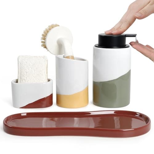 BosilunLife Kitchen Sink Caddy Set – 4-Piece Ceramic Soap Dispenser 12oz with Sponge & Utensil Holders on Drip Tray for Kitchen & Bathroom Countertop Organization (Liquid Pump) - Image 1