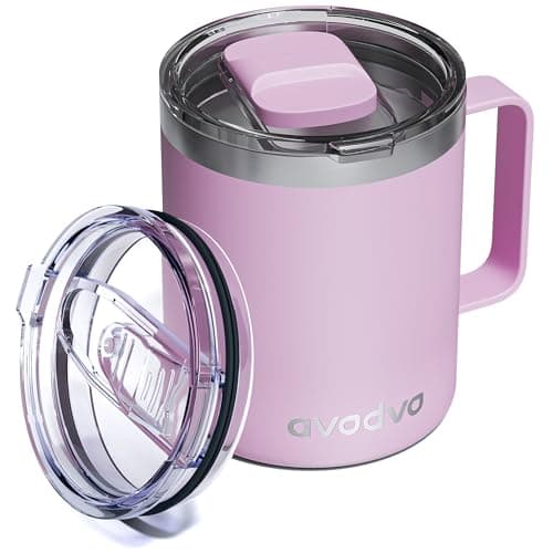 avodvo 12oz Insulated Coffee Mug with Lid – Includes Two Lids, Stainless Steel Coffee Travel Mug with Handle, Double Wall Vacuum Insulated Camping Mug for Home, Office & Outdoor, Pink - Image 1