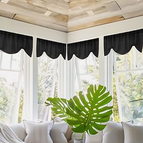 Home Queen Linen Look Tie Up Valance Curtain, Burlap Valences for Home Decoration, Length Adjustable Sheer Drape for Office and Bedroom, 4 Pieces, Black - Thumbnail 2