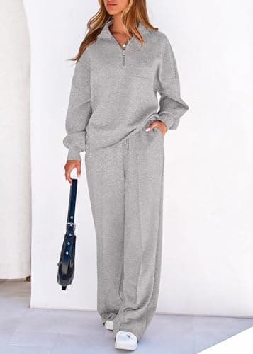 Lazysmile 2 Piece Sets For Women Lapel Half Zip Sweatshirt and Wide Leg Long Pants Sweatsuit Lounge Sets Workout Sets - Thumbnail 6