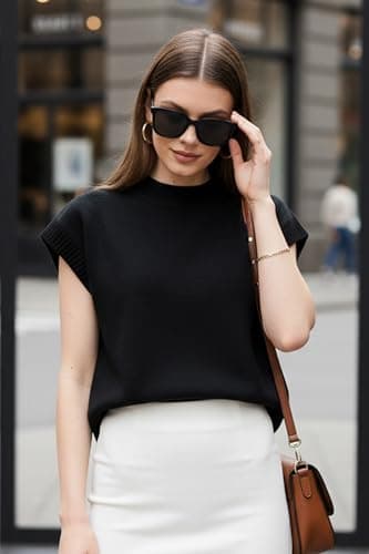 Orolay Women's Short Sleeve Mock Neck Sweater Vest Cap Sleeve Solid Knit Top - Lightweight Business Casual Black - Thumbnail 3