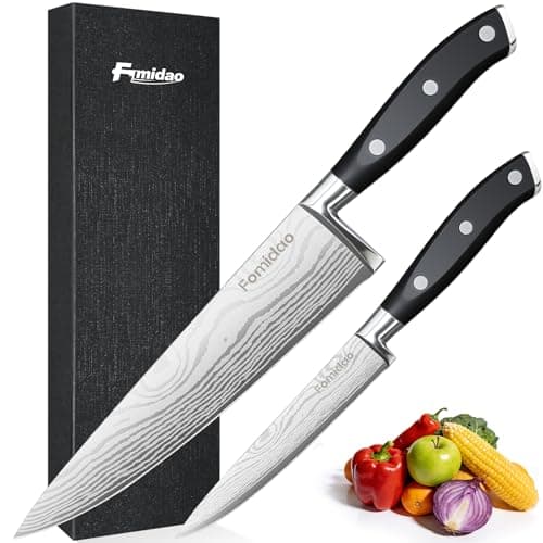 fomidao 2PCS Chef Knife Set, Razor Sharp Japanese Kitchen Knife Set, High Carbon Steel Damascus Pattern Chef's knives, Cooking Knife with Full Tang Handle Design for Home Kitchen - Image 1