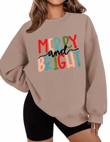 LETSEE Merry Christmas Sweatshirt for Women Crewneck Cute Casual Graphic Oversized Pullover Sweaters Xmas, Coffee Grey, X-Large - Image 1