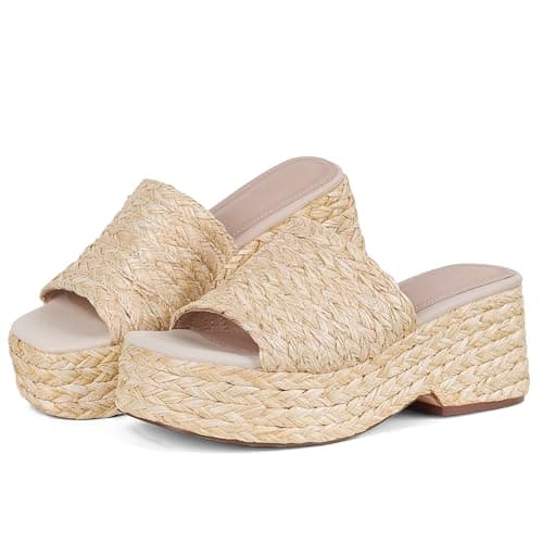 EQAUDES Platform Slip on Espadrille Sandals for Women Wedges Slides Bohemia Sandals Flatform Open Toe Beach Sandals - Image 1