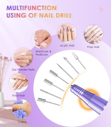 Portable Electric Nail Drill Machine: Professional Nail File Machine 40000RPM, Rechargeable Cordless Nail-E File with Bits & Base for Acrylic Nails Remove Gel Polish Manicure Salon Home, Light Purple - Thumbnail 6