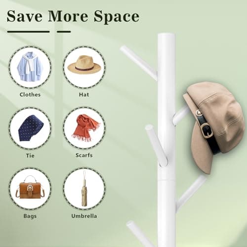 OUTGAVA Wooden Coat Rack Freestanding with 8 Hooks,Easy Assembly New Zealand Pine Tree Coat Racks, 3 Adjustable Sizes for Clothes, Hats, Bags, for Entryway, Hallway, Bedroom, Office (White, 2 PCS) - Thumbnail 3