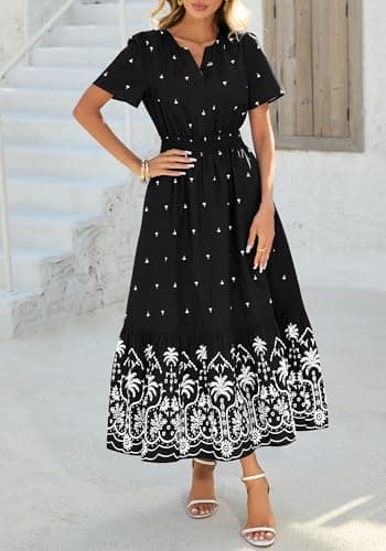 BTFBM Womens Summer Dresses 2026 Casual Short Sleeve Elastic Waist Flowy Beach Vacation Floral Boho Maxi Dress Pockets (Black White Flower, Small) - Thumbnail 5