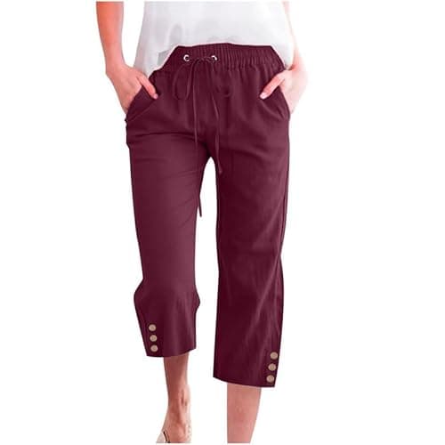 WROLEM Womens Capris Pants High Waist Drawstring Comfy Casual Pants Lightweight Trousers Buttons with Pockets Wine-Red Large - Image 1