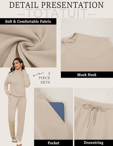 Totatuit Womens 2 Piece Lounge Set Long Sleeve Tops with Thumb Holes Track Suits Womens Two Piece Jogging Suits Apricot M - Thumbnail 5