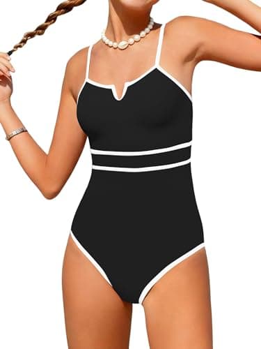 AMAWMW Girls Swimsuit V-Neck Cutout One Piece Bathing Suit Color Block Line Swimwear 7-16y, Black, 13-14Y - Image 1