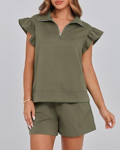 BTFBM Womens 2 Piece Outfits Spring Sweatsuit Zipper V Neck Casual Ruffle Cap Sleeve Tops Drawstring Shorts Lounge Sets(Army Green, Large) - Thumbnail 2