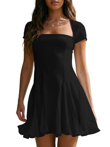 Wenrine Womens Summer Club Mini Dresses Square Neck Casual Short Sleeve Ruffle Swing Mesh A Line Party Dress Black - Image 1
