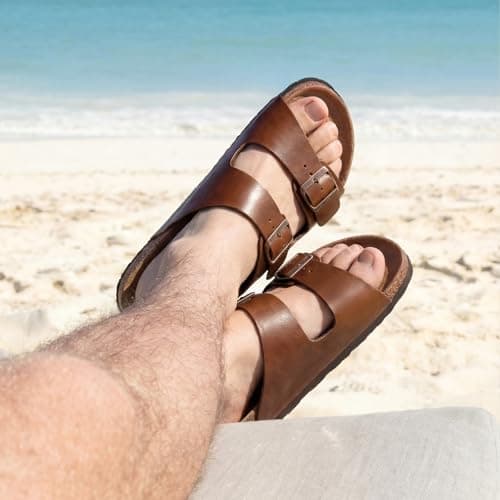 ODOLY Men's Cork Footbed Slide Sandal, Arch Support Summer Outdoor Sandals with Adjustable Buckle for Men, Gold Bronze Oily EU45 / US11-11.5 - Thumbnail 2