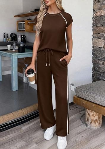 PRETTYGARDEN Women's 2 Piece Lounge Sets 2026 Summer Cap Sleeve Tops Wide Leg Pants Travel Outfits Matching Fashion Clothing (Dark Brown,Small) - Thumbnail 4