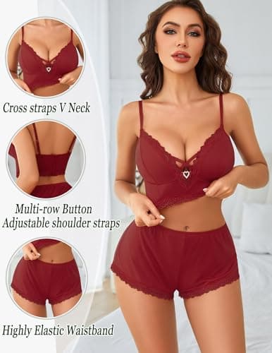 Avidlove Plus Size Lounge Sets for Women Cute Pajama Sets 2 Piece Shorts Women Cami Wine Red XXL - Thumbnail 4