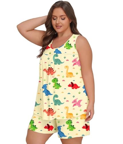 Lastshe Women Plus Size Pajama Set Summer Sleeveless Tank Tops Shorts Pjs 2 Piece Printed Lounge Set with Pockets Sleepwear,Nude Animal-4X - Thumbnail 2