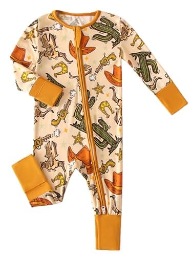 Joonberry Unisex Baby Bamboo Viscose Long Sleeve Romper, Cute Prints Zipper Footless Jumpsuit, Toddler One-Piece Outfits (Western-Style Cactus, 3-6M) - Image 1