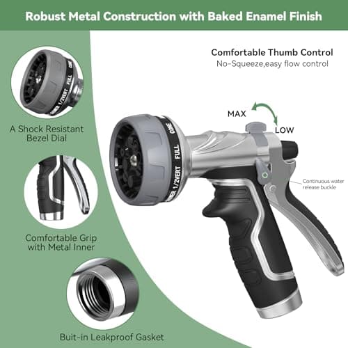 Garden Hose Nozzle, Heavy Duty Metal Water Hose Nozzle with 8 Adjustable Spray Patterns, High Pressure Hand Sprayer with Flow Control for for Garden Watering, Car & Pet Washing - Thumbnail 2