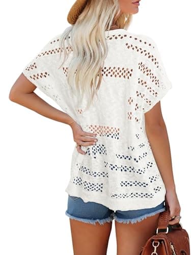 KISSMODA Off-White Plastic Button Mesh Crochet Cardigan V-Neck Breathable Boho Vacation Rooftop Drinks Outfit for Women’s M - Thumbnail 6