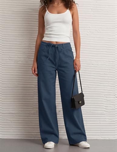Rapbin Denim Blue Wide Leg Pants for Women Comfy Belt Loops Drawstring Soft Twill Trousers for Daily Street Casual Outfits - Thumbnail 6