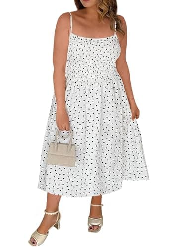 Beautife Women's Plus Size Midi Dress Summer Polka Dot Square Neck Long Dresses Spaghetti Strap Smocked Beach Sundress - Image 1